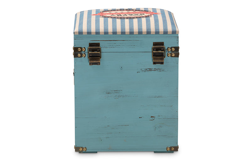 Baxton Studio Caye Vintage Striped Fabric Upholstered Light Blue Finished Wood Storage Trunk Ottoman