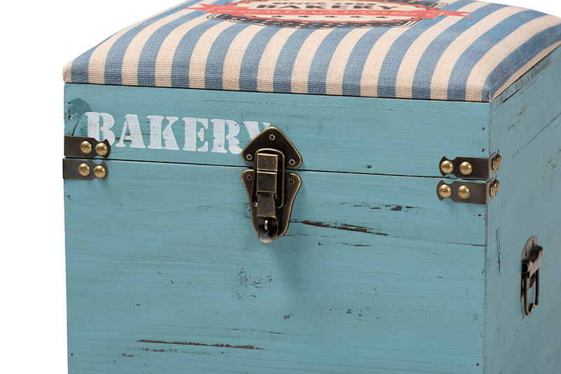 Baxton Studio Caye Vintage Striped Fabric Upholstered Light Blue Finished Wood Storage Trunk Ottoman