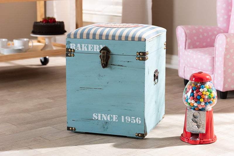 Baxton Studio Caye Vintage Striped Fabric Upholstered Light Blue Finished Wood Storage Trunk Ottoman