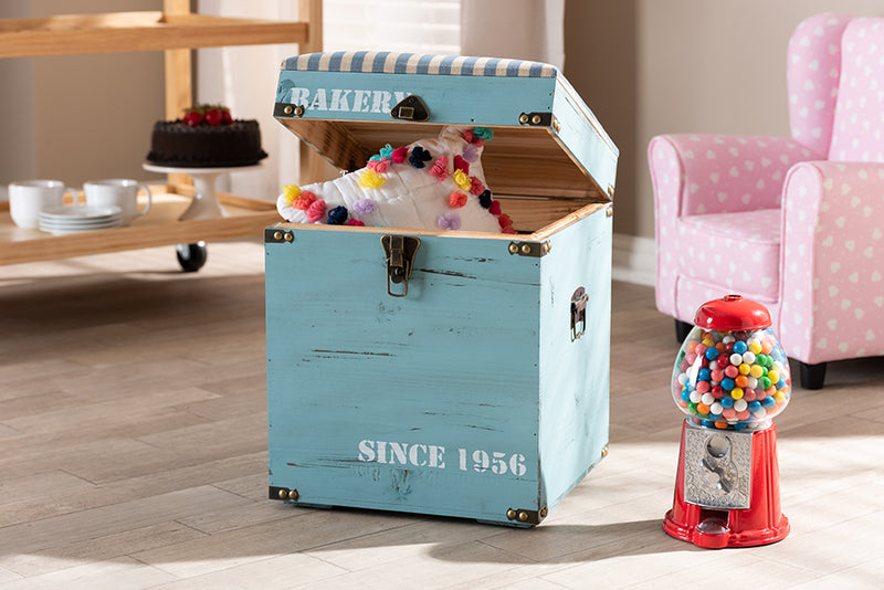 Baxton Studio Caye Vintage Striped Fabric Upholstered Light Blue Finished Wood Storage Trunk Ottoman