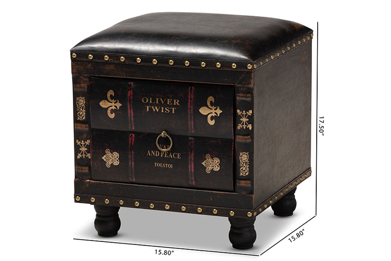 Baxton Studio Charlier Rustic Antique Inspired Dark Brown Faux Leather Upholstered Wood Storage Ottoman with Book Spine Drawer