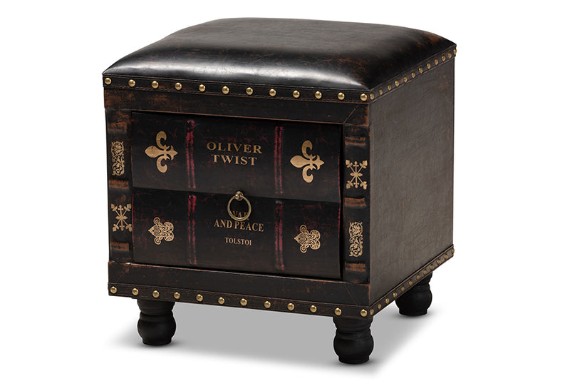 Baxton Studio Charlier Rustic Antique Inspired Dark Brown Faux Leather Upholstered Wood Storage Ottoman with Book Spine Drawer