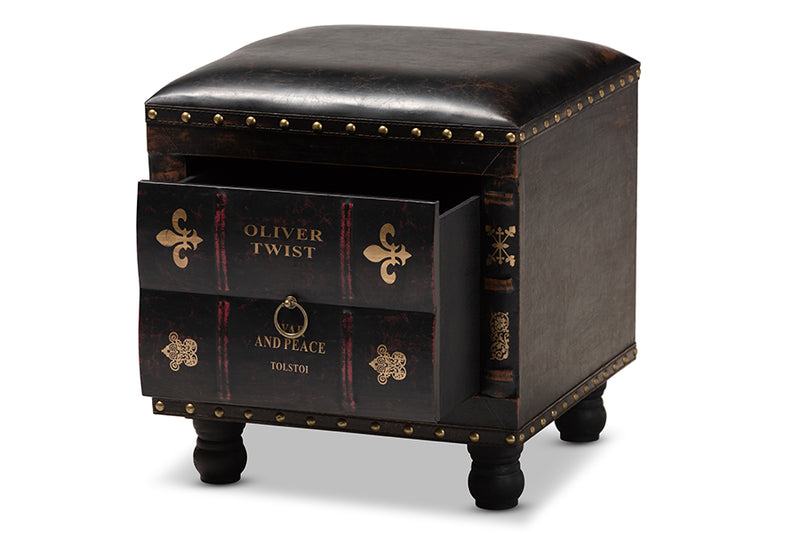 Baxton Studio Charlier Rustic Antique Inspired Dark Brown Faux Leather Upholstered Wood Storage Ottoman with Book Spine Drawer