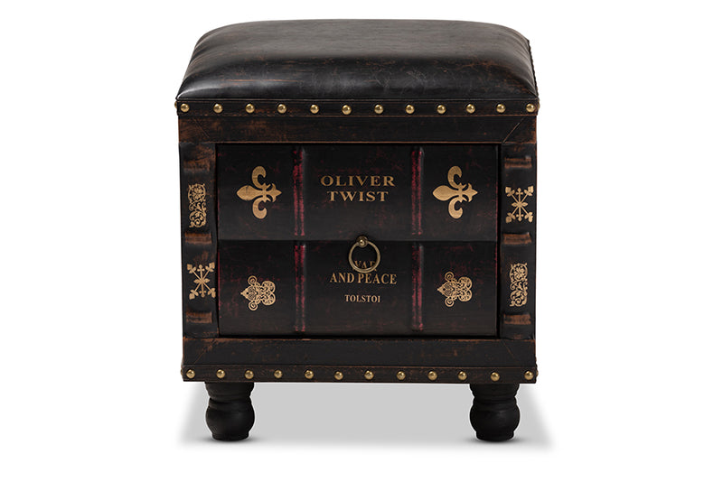 Baxton Studio Charlier Rustic Antique Inspired Dark Brown Faux Leather Upholstered Wood Storage Ottoman with Book Spine Drawer