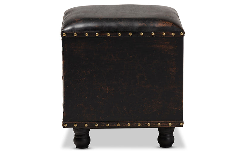 Baxton Studio Charlier Rustic Antique Inspired Dark Brown Faux Leather Upholstered Wood Storage Ottoman with Book Spine Drawer