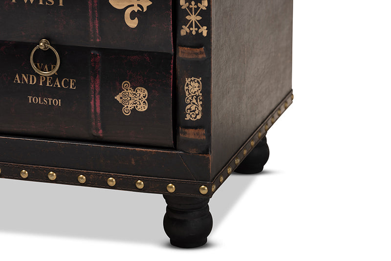 Baxton Studio Charlier Rustic Antique Inspired Dark Brown Faux Leather Upholstered Wood Storage Ottoman with Book Spine Drawer