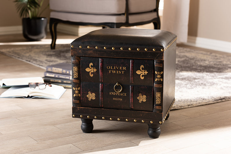 Baxton Studio Charlier Rustic Antique Inspired Dark Brown Faux Leather Upholstered Wood Storage Ottoman with Book Spine Drawer