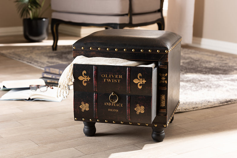 Baxton Studio Charlier Rustic Antique Inspired Dark Brown Faux Leather Upholstered Wood Storage Ottoman with Book Spine Drawer