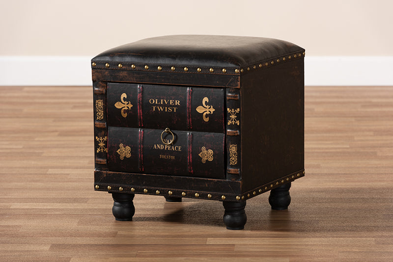 Baxton Studio Charlier Rustic Antique Inspired Dark Brown Faux Leather Upholstered Wood Storage Ottoman with Book Spine Drawer