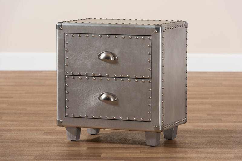 Baxton Studio Davet French Industrial Silver Metal 2-Drawer Nightstand