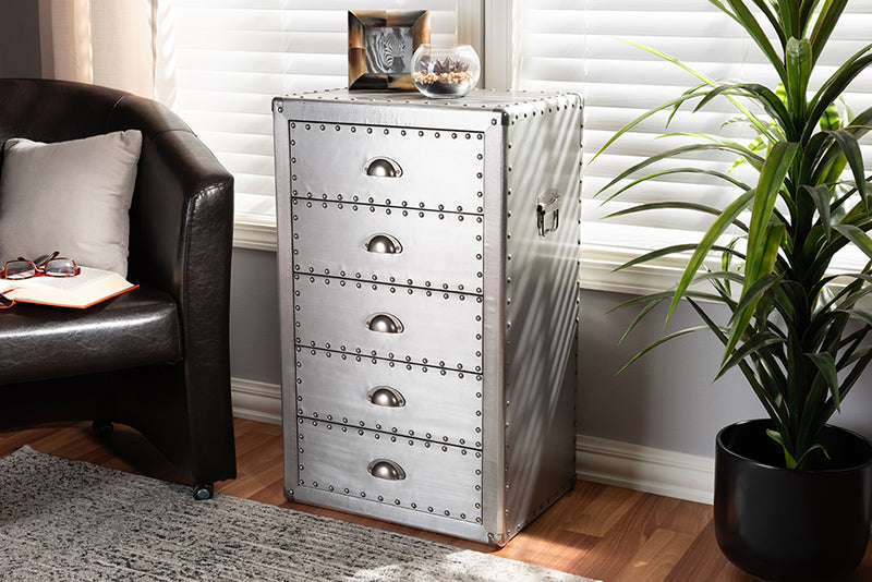 Baxton Studio Davet French Industrial Silver Metal 5-Drawer Accent Storage Cabinet