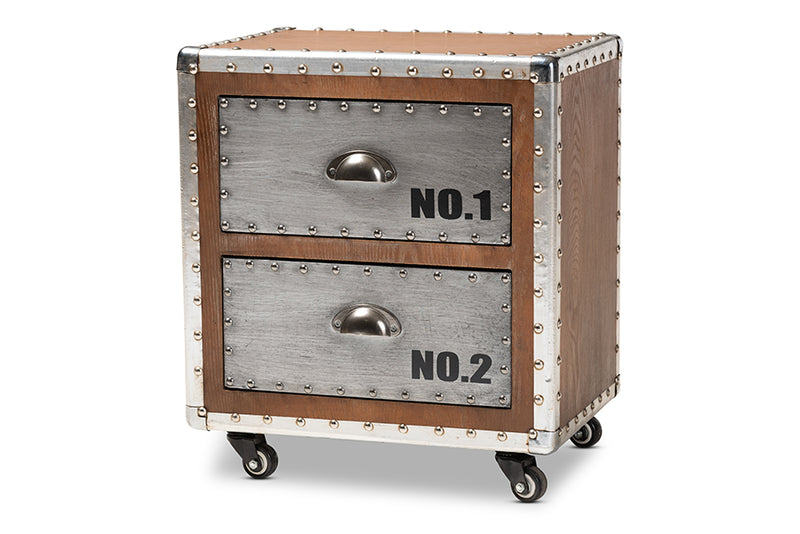 Baxton Studio Avere French Industrial Brown Wood and Silver Metal 2-Drawer Rolling Nightstand