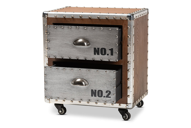 Baxton Studio Avere French Industrial Brown Wood and Silver Metal 2-Drawer Rolling Nightstand