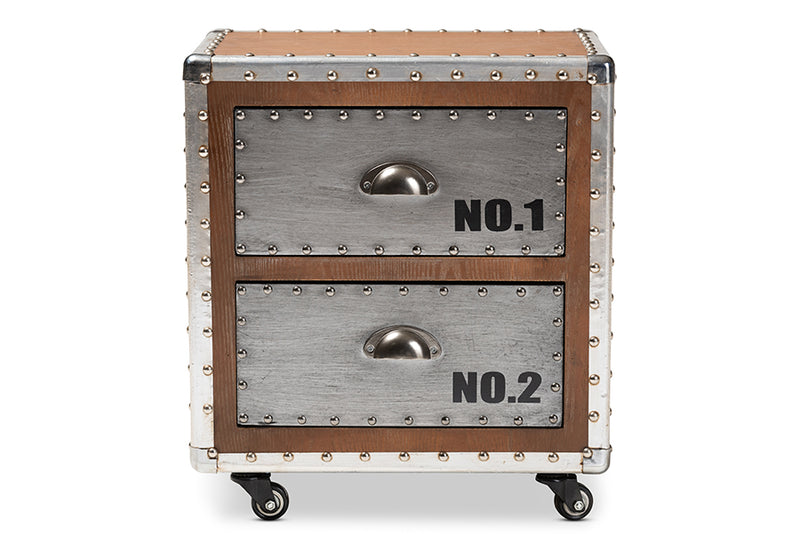 Baxton Studio Avere French Industrial Brown Wood and Silver Metal 2-Drawer Rolling Nightstand