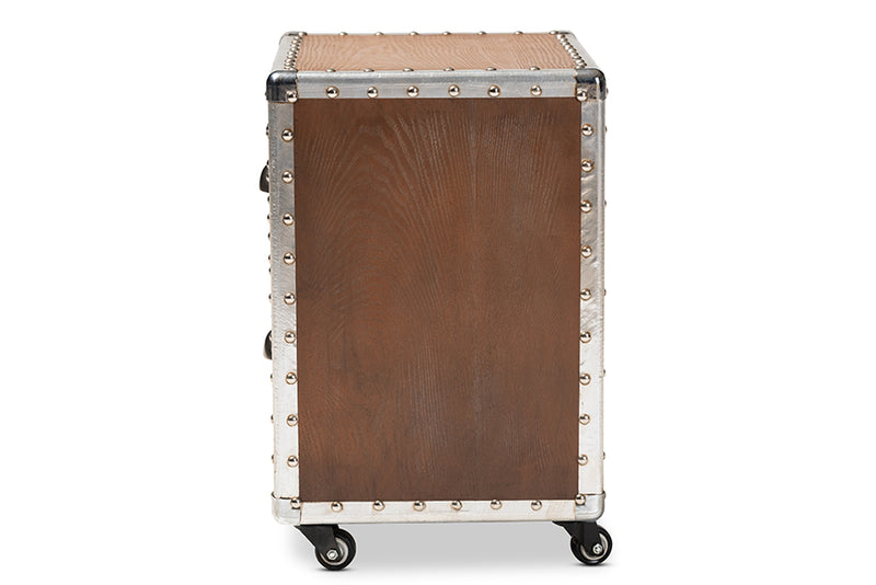 Baxton Studio Avere French Industrial Brown Wood and Silver Metal 2-Drawer Rolling Nightstand