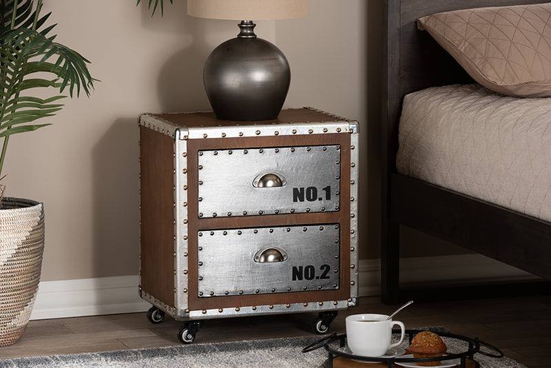 Baxton Studio Avere French Industrial Brown Wood and Silver Metal 2-Drawer Rolling Nightstand
