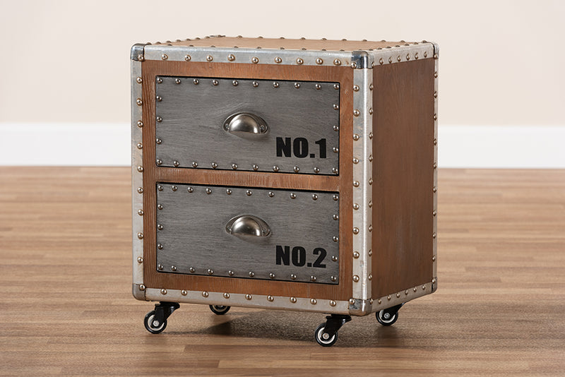Baxton Studio Avere French Industrial Brown Wood and Silver Metal 2-Drawer Rolling Nightstand