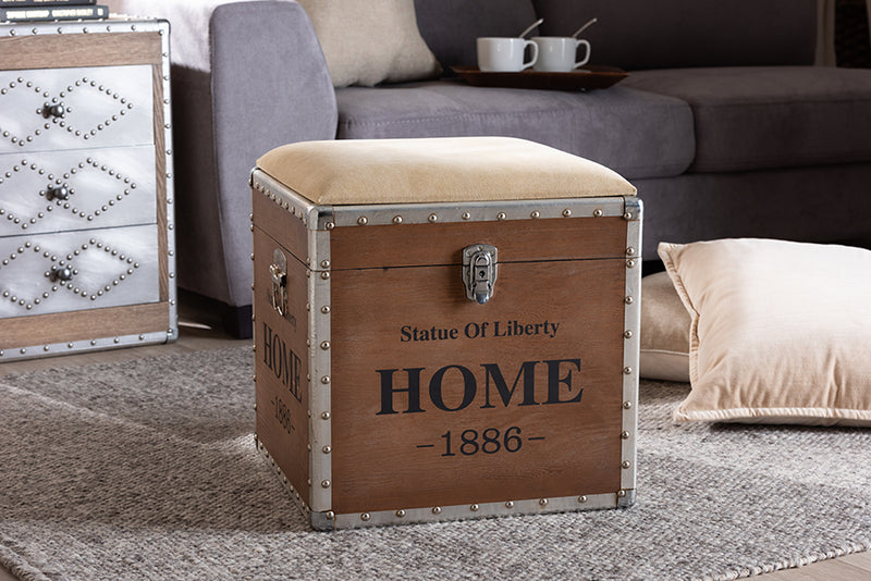 Baxton Studio Violetta Vintage Industrial Beige Fabric Upholstered Wood Storage Trunk Ottoman