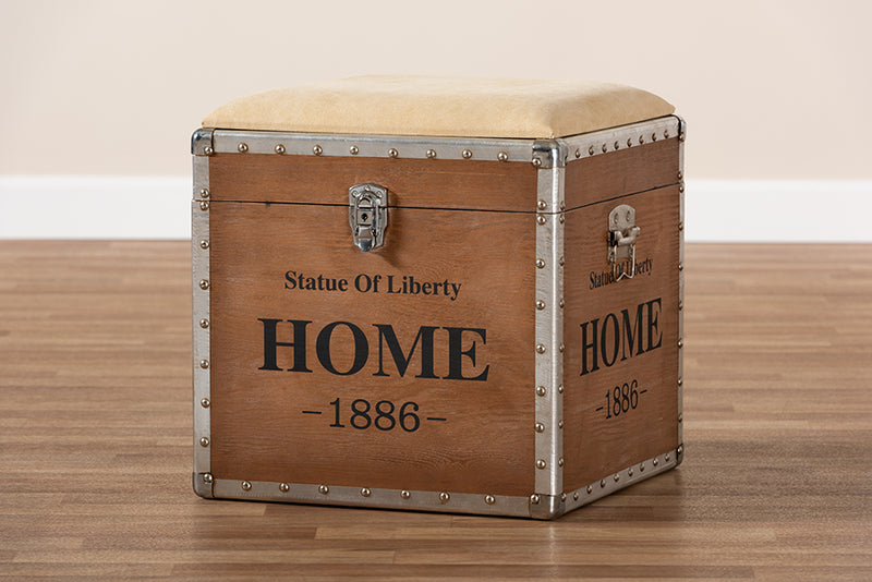 Baxton Studio Violetta Vintage Industrial Beige Fabric Upholstered Wood Storage Trunk Ottoman
