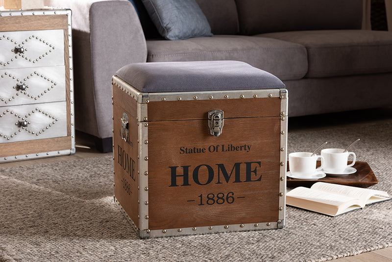 Baxton Studio Violetta Vintage Industrial Light Gray Fabric Upholstered Wood Storage Trunk Ottoman