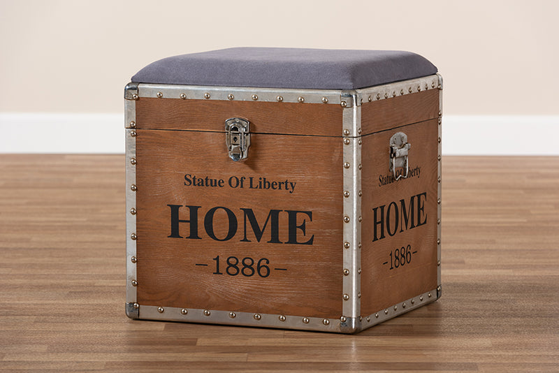 Baxton Studio Violetta Vintage Industrial Light Gray Fabric Upholstered Wood Storage Trunk Ottoman