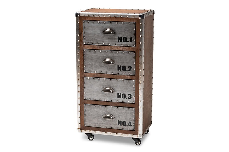 Baxton Studio Avere French Industrial Brown Wood and Silver Metal 4-Drawer Rolling Accent Storage Cabinet