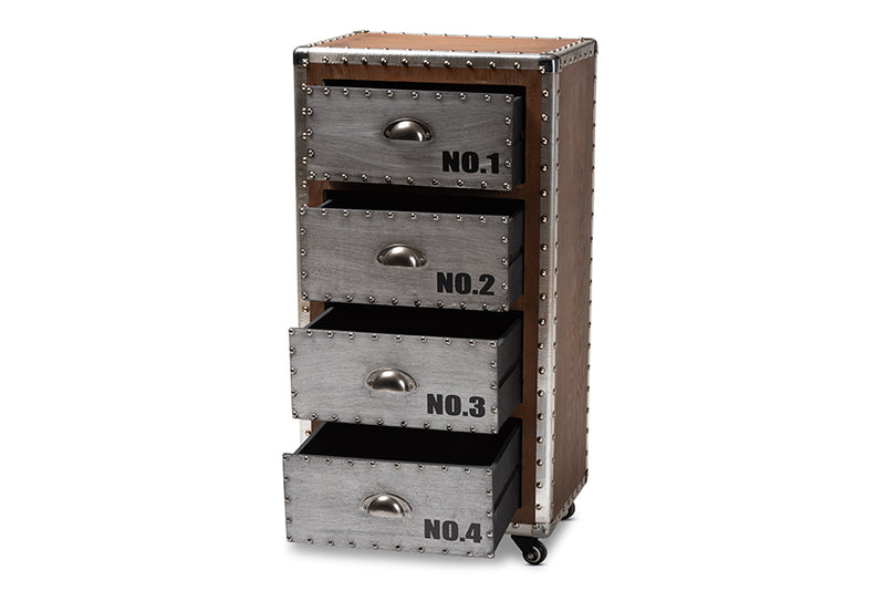 Baxton Studio Avere French Industrial Brown Wood and Silver Metal 4-Drawer Rolling Accent Storage Cabinet