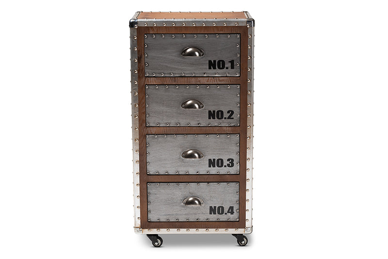 Baxton Studio Avere French Industrial Brown Wood and Silver Metal 4-Drawer Rolling Accent Storage Cabinet