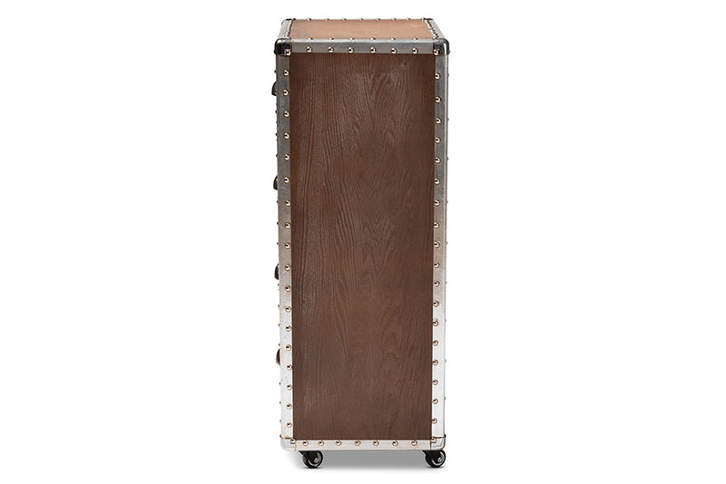 Baxton Studio Avere French Industrial Brown Wood and Silver Metal 4-Drawer Rolling Accent Storage Cabinet