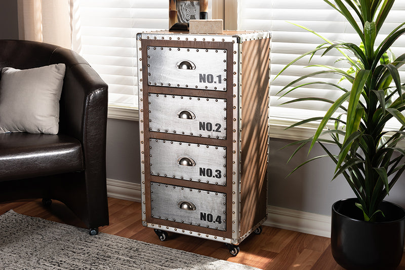 Baxton Studio Avere French Industrial Brown Wood and Silver Metal 4-Drawer Rolling Accent Storage Cabinet