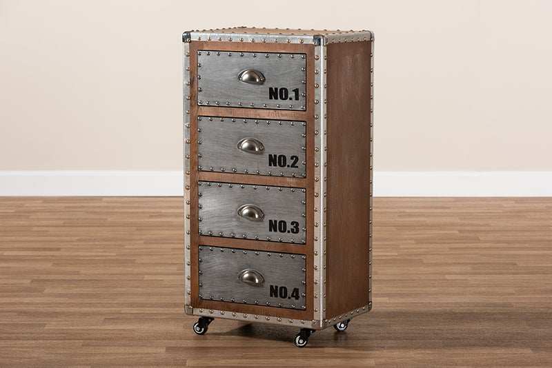 Baxton Studio Avere French Industrial Brown Wood and Silver Metal 4-Drawer Rolling Accent Storage Cabinet