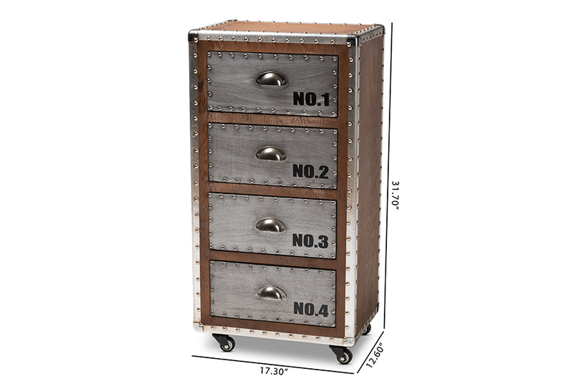 Baxton Studio Avere French Industrial Brown Wood and Silver Metal 4-Drawer Rolling Accent Storage Cabinet