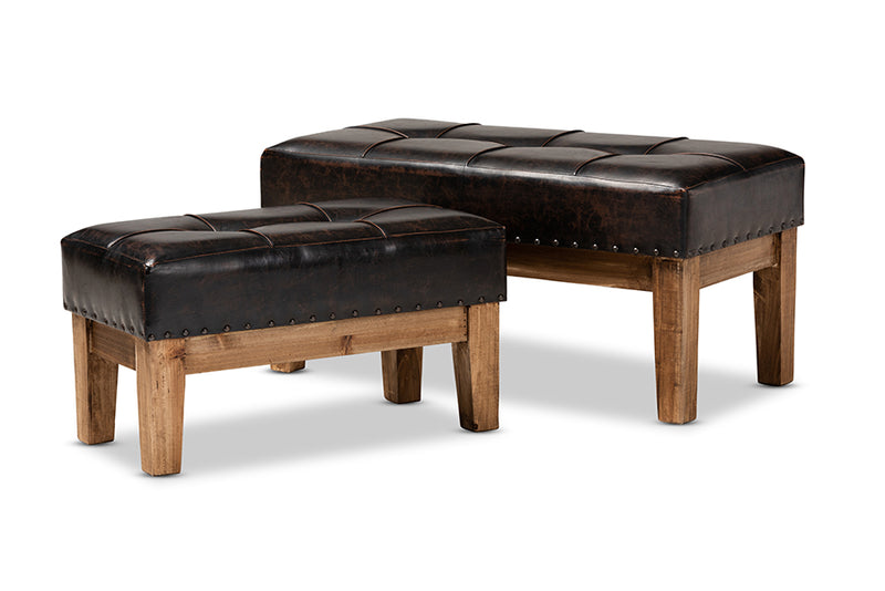 Baxton Studio Lenza Rustic Dark Brown Faux Leather Upholstered 2-Piece Wood Ottoman Set