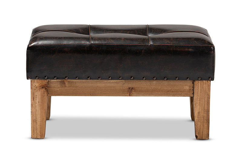 Baxton Studio Lenza Rustic Dark Brown Faux Leather Upholstered 2-Piece Wood Ottoman Set