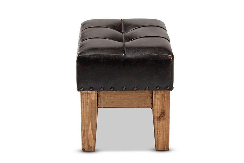 Baxton Studio Lenza Rustic Dark Brown Faux Leather Upholstered 2-Piece Wood Ottoman Set