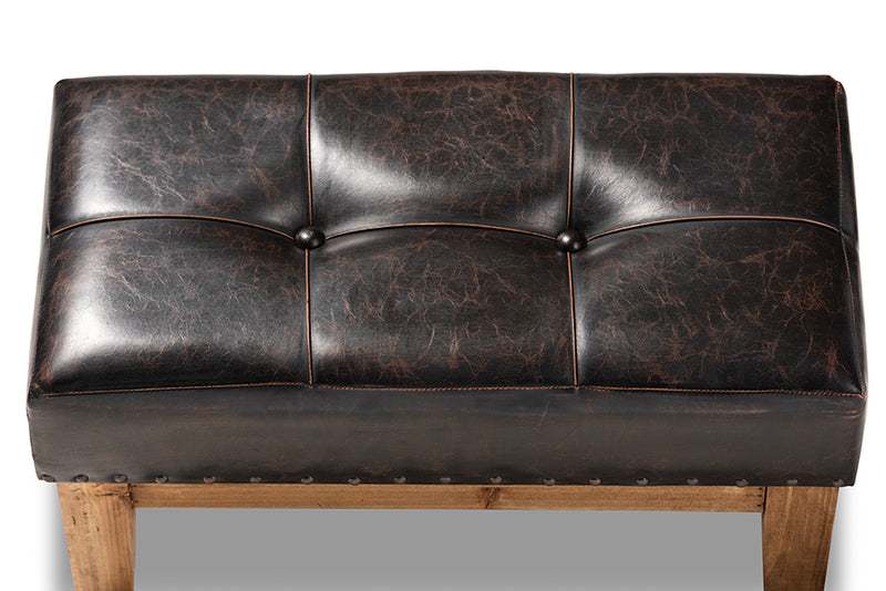 Baxton Studio Lenza Rustic Dark Brown Faux Leather Upholstered 2-Piece Wood Ottoman Set