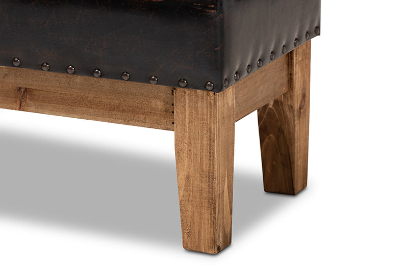 Baxton Studio Lenza Rustic Dark Brown Faux Leather Upholstered 2-Piece Wood Ottoman Set