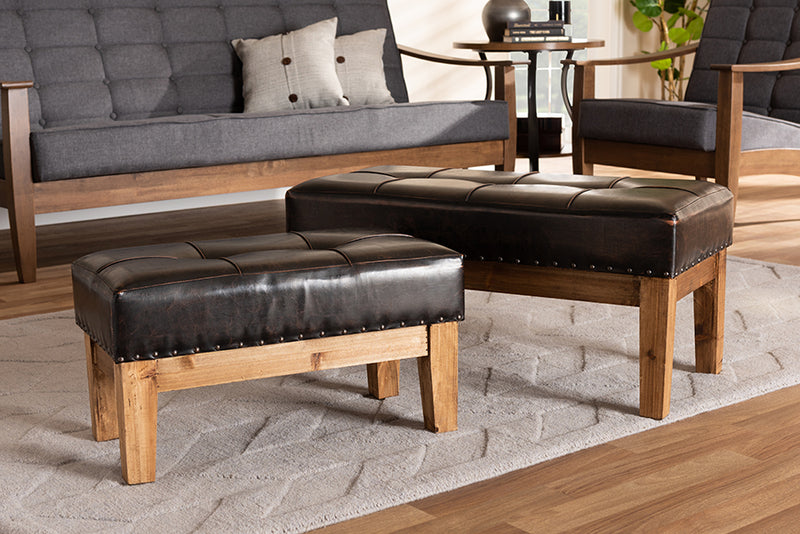 Baxton Studio Lenza Rustic Dark Brown Faux Leather Upholstered 2-Piece Wood Ottoman Set