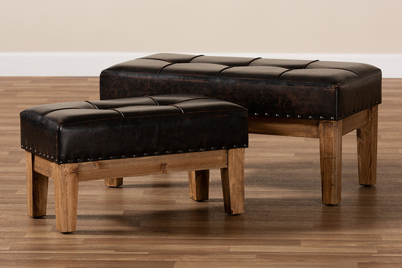 Baxton Studio Lenza Rustic Dark Brown Faux Leather Upholstered 2-Piece Wood Ottoman Set