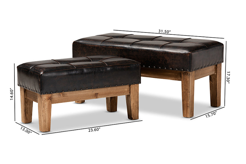 Baxton Studio Lenza Rustic Dark Brown Faux Leather Upholstered 2-Piece Wood Ottoman Set