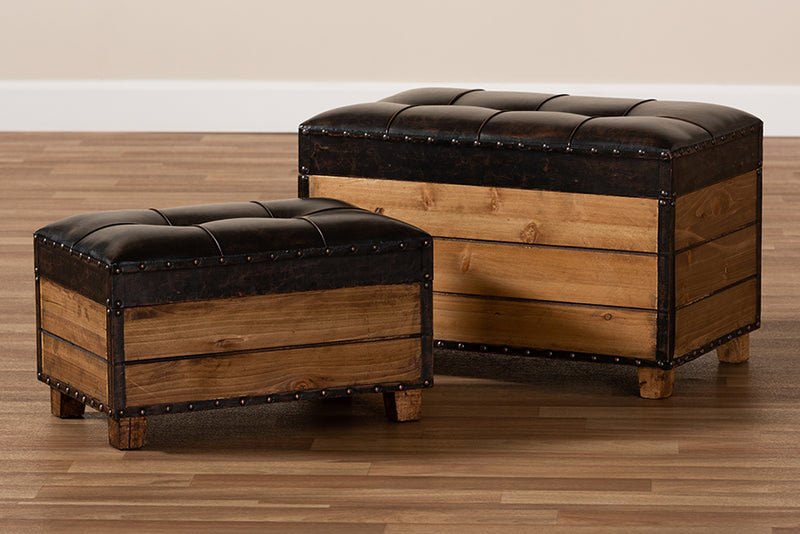 Baxton Studio Marelli Rustic Dark Brown Faux Leather Upholstered 2-Piece Wood Storage Trunk Ottoman Set