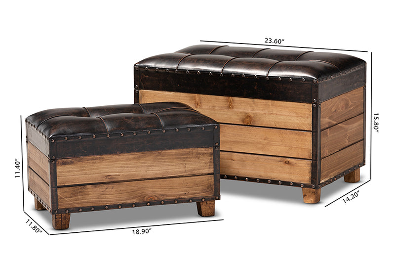 Baxton Studio Marelli Rustic Dark Brown Faux Leather Upholstered 2-Piece Wood Storage Trunk Ottoman Set