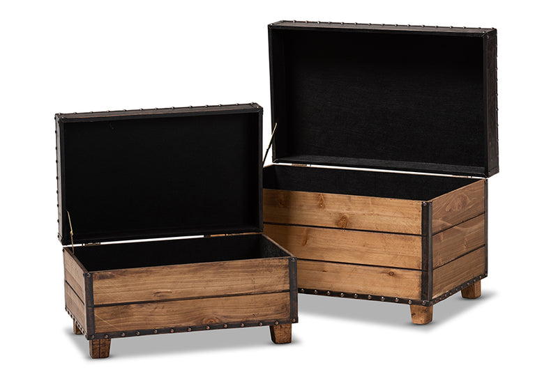 Baxton Studio Marelli Rustic Dark Brown Faux Leather Upholstered 2-Piece Wood Storage Trunk Ottoman Set
