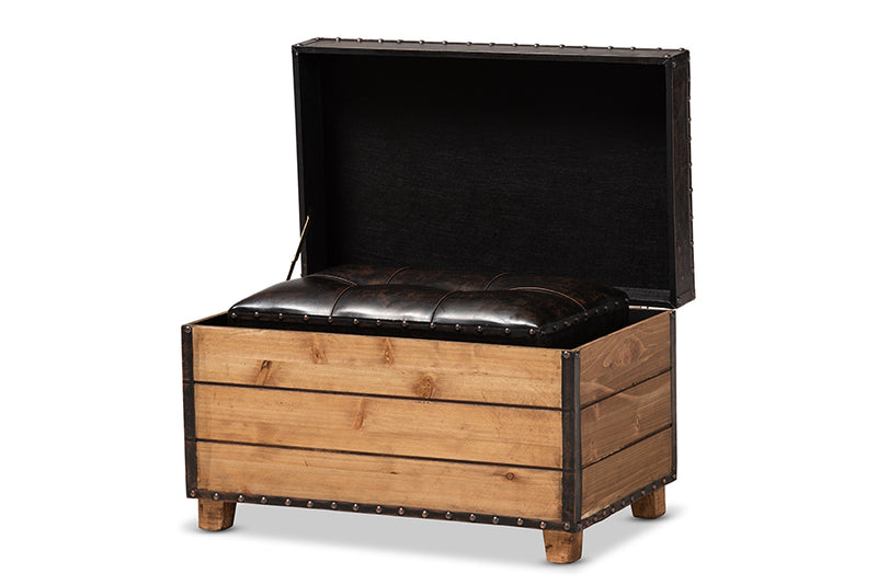 Baxton Studio Marelli Rustic Dark Brown Faux Leather Upholstered 2-Piece Wood Storage Trunk Ottoman Set