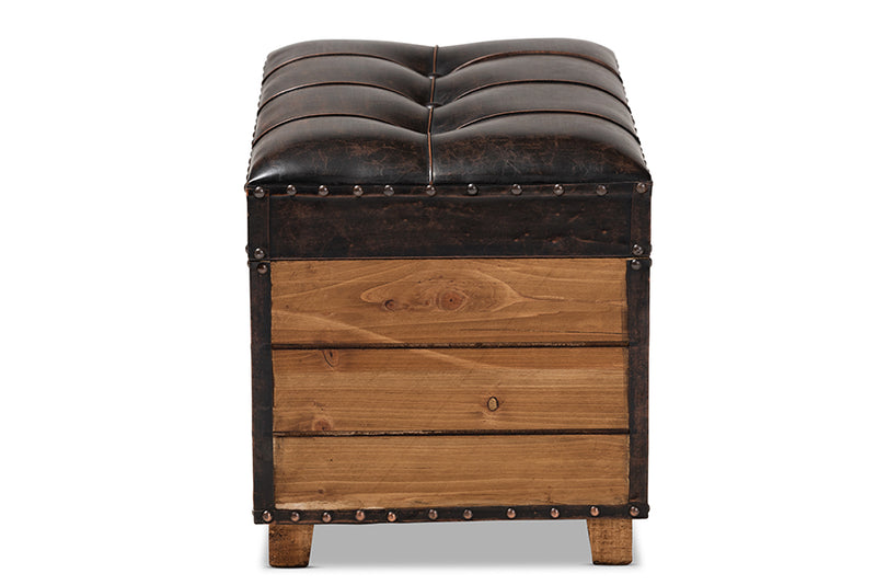 Baxton Studio Marelli Rustic Dark Brown Faux Leather Upholstered 2-Piece Wood Storage Trunk Ottoman Set