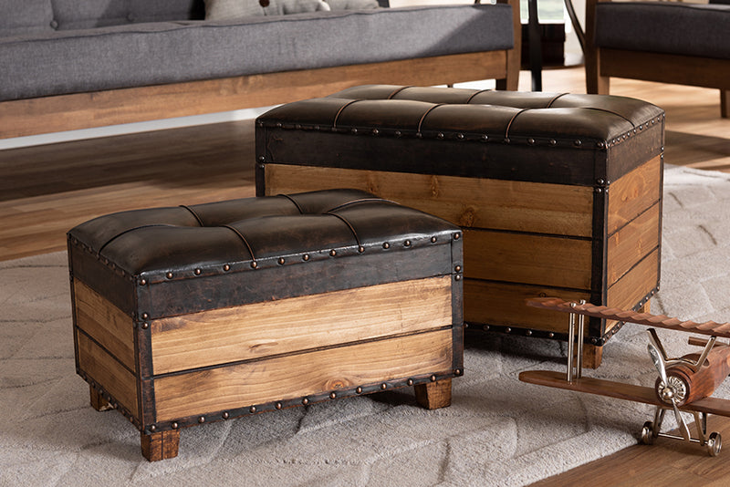Baxton Studio Marelli Rustic Dark Brown Faux Leather Upholstered 2-Piece Wood Storage Trunk Ottoman Set