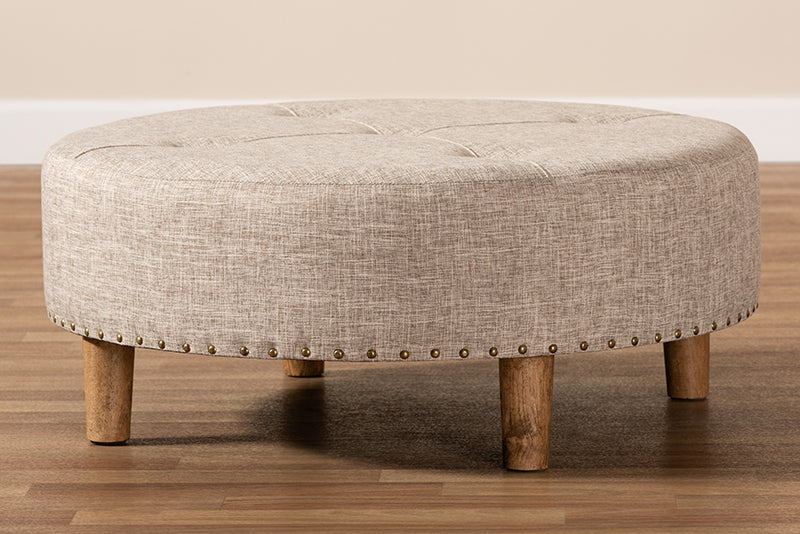 Baxton Studio Vinet Modern and Contemporary Beige Fabric Upholstered Natural Wood Cocktail Ottoman