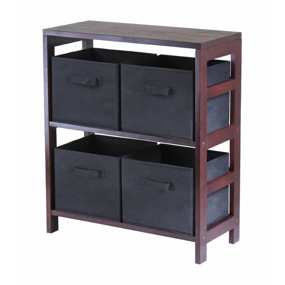 Winsome Wood Capri Wood 2 Section Storage Shelf with 4 Black Fabric Foldable Baskets