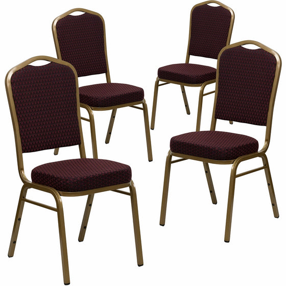 Flash Furniture 4 Pk. HERCULES Series Crown Back Stacking Banquet Chair in Burgundy Patterned Fabric - Gold Frame