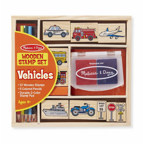 Melissa & Doug Wooden Stamp Set: Vehicles - 10 Stamps, 5 Colored Pencils, 2-Color Stamp Pad
